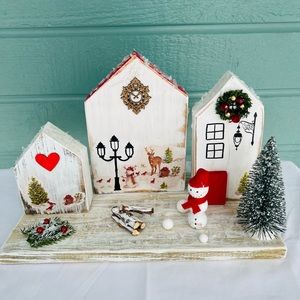 Wood House Christmas Village, Painted Houses, Centerpieces